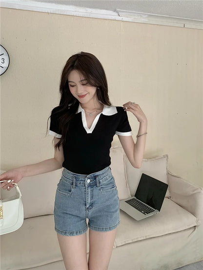 Jielur Spell Color Polo Knitting Women's Blouses Slim Sexy Short Sleeve Summer New Casual Female Blouse Chic Simple Office Lady