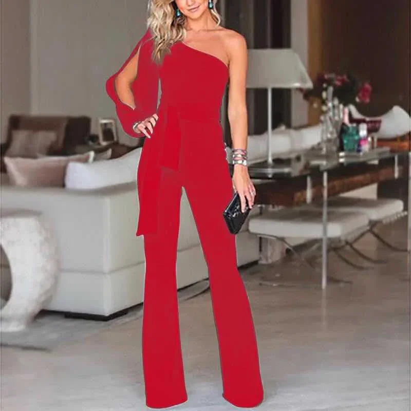 2024 Spring New Women's Single Shoulder High-waisted Belted Slimming Jumpsuit Amazon Cross-border Seller Sexy Smooth Silhouette