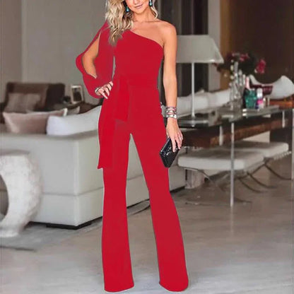 2024 Spring New Women's Single Shoulder High-waisted Belted Slimming Jumpsuit Amazon Cross-border Seller Sexy Smooth Silhouette