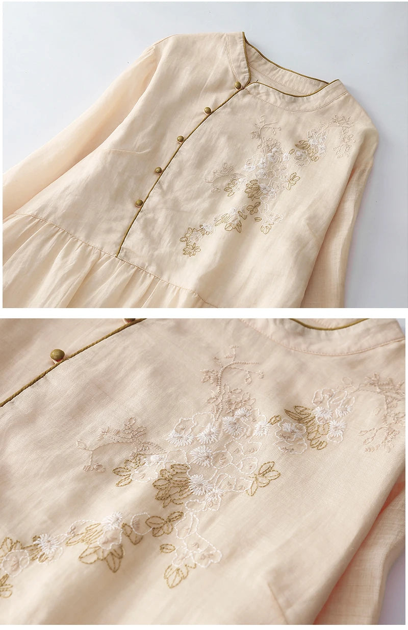 Vintage lange Damen kleider neue chinesische Stickerei koreanische Kleidung Sommer Kurzarm lose Freizeit kleid.