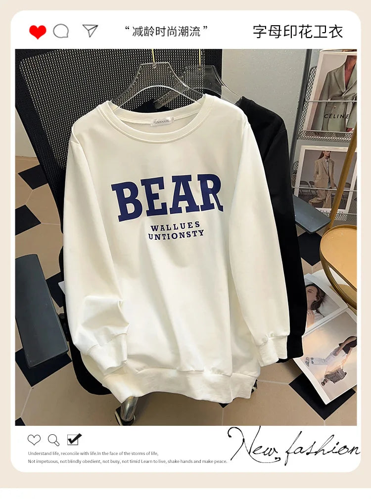 175kg plus size Damen büste Frühling Herbst loses Sweatshirt bedrucktes Buchstaben oberteil schwarz weiß 6xl 7xl 8xl 9xl 10xl 11xl.