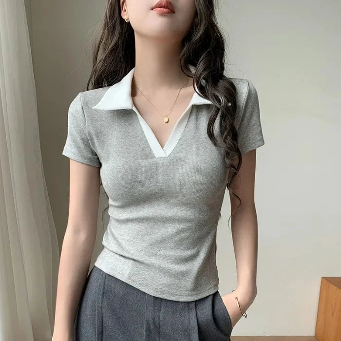 Chic Polo Collar Short Sleeve T-Shirt Women Summer New Design Unique Flip Collar Top Cotton Regular Sleeve Crew Neck T-shirt.