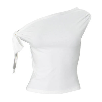 2025 Women'S Summer Ins Style New Shrink Pleated One-Shoulder Crop Top Backless Twist Tie Asymmetric T-Shirt Casual Top.