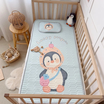 2pcs Cooling Viscose Fiber Latex Mat Set,Summer Bed Sheet Pad with Pillow,Cartoon Penguin Foldable Boy Girl Baby 60*120cm Sheet.