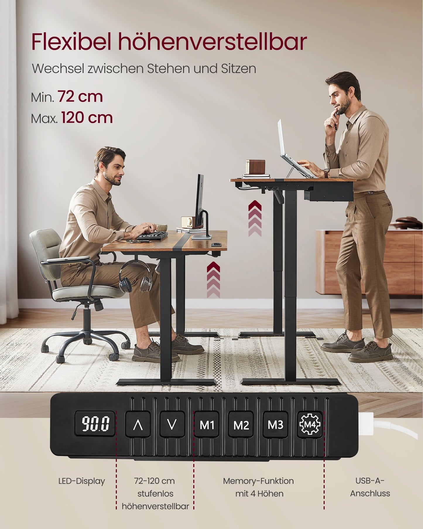 VASAGLE Höhenverstellbarer Schreibtisch elektrisch, 70 x 160 cm , stufenlos verstellbar, Memory-Funktion mit 4 Höhen