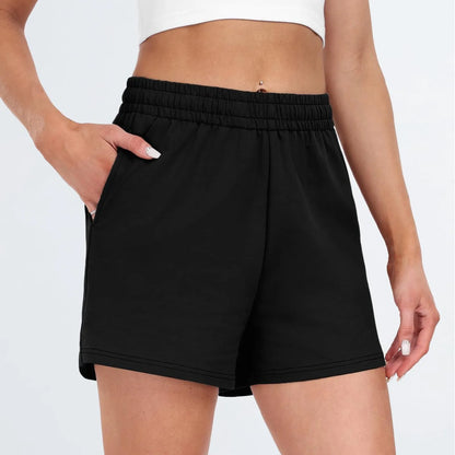 Plain Color Sports Shorts Casual Summer Comfortable And Soft Elastic High Waist Running Shorts With Pockets For Women.