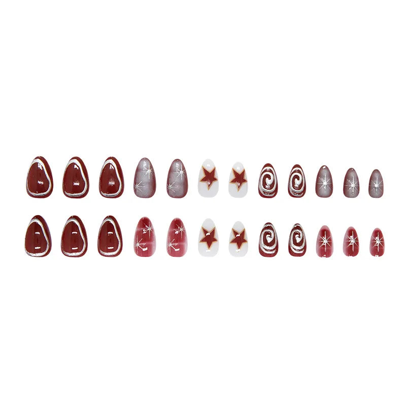 24pcs Red Star Print Fake Nails Sweet Cool Short Almond Press on Nail for Women Wearable Detachable Ins Spice Girl False Nails.