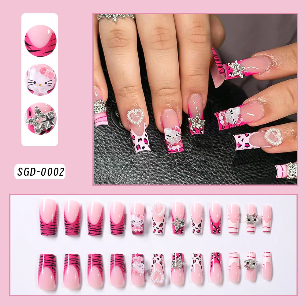 24Pcs Long Square Pink Hello Kitty False Nails French Wearable Full Cover Fake Nails Kitty Cat Bow Heart Design Press On Nails.