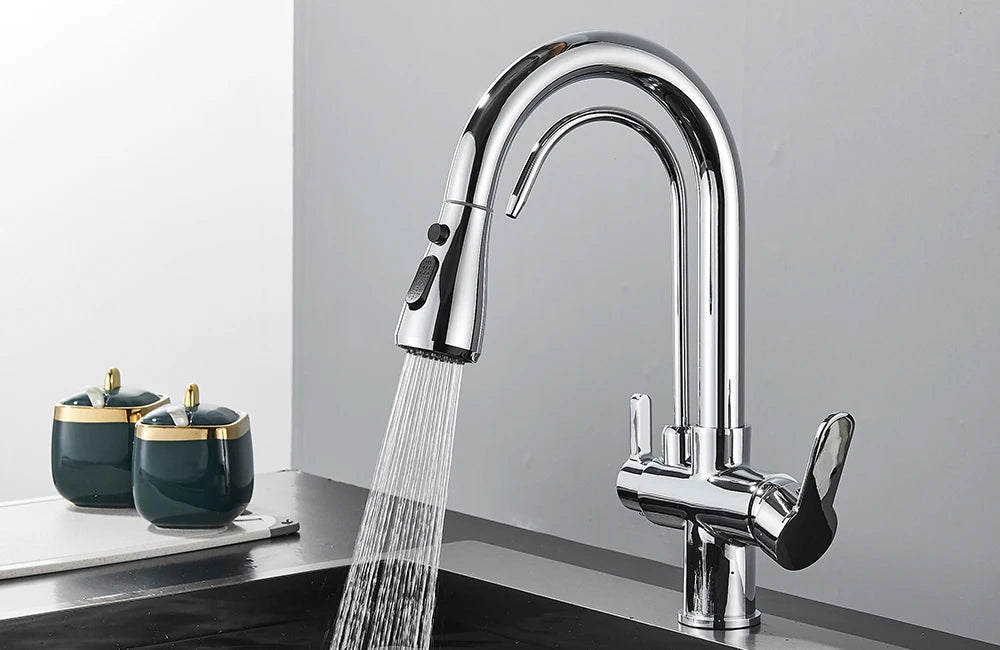 Quyanre Matte Black Filtered Crane For Kitchen Pull Out Spray 360 Rotation Water Filter Tap Three Ways Sink Mixer Kitchen Faucet