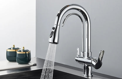 Quyanre Matte Black Filtered Crane For Kitchen Pull Out Spray 360 Rotation Water Filter Tap Three Ways Sink Mixer Kitchen Faucet