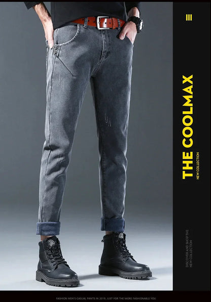 Winter Hot Sale Of The Season Trendy Stretchy Fleece Lined Thick Denim Mid Waist Fashionable Casual Warm Long Pants Men's Jeans