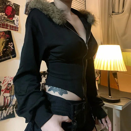 Goth Dark Autumn Winter Faux Fur Collar Solid Hooded Coats Women Casual Slim Waist Zip Hoodies Gothic Jackets Chic Streetwear.