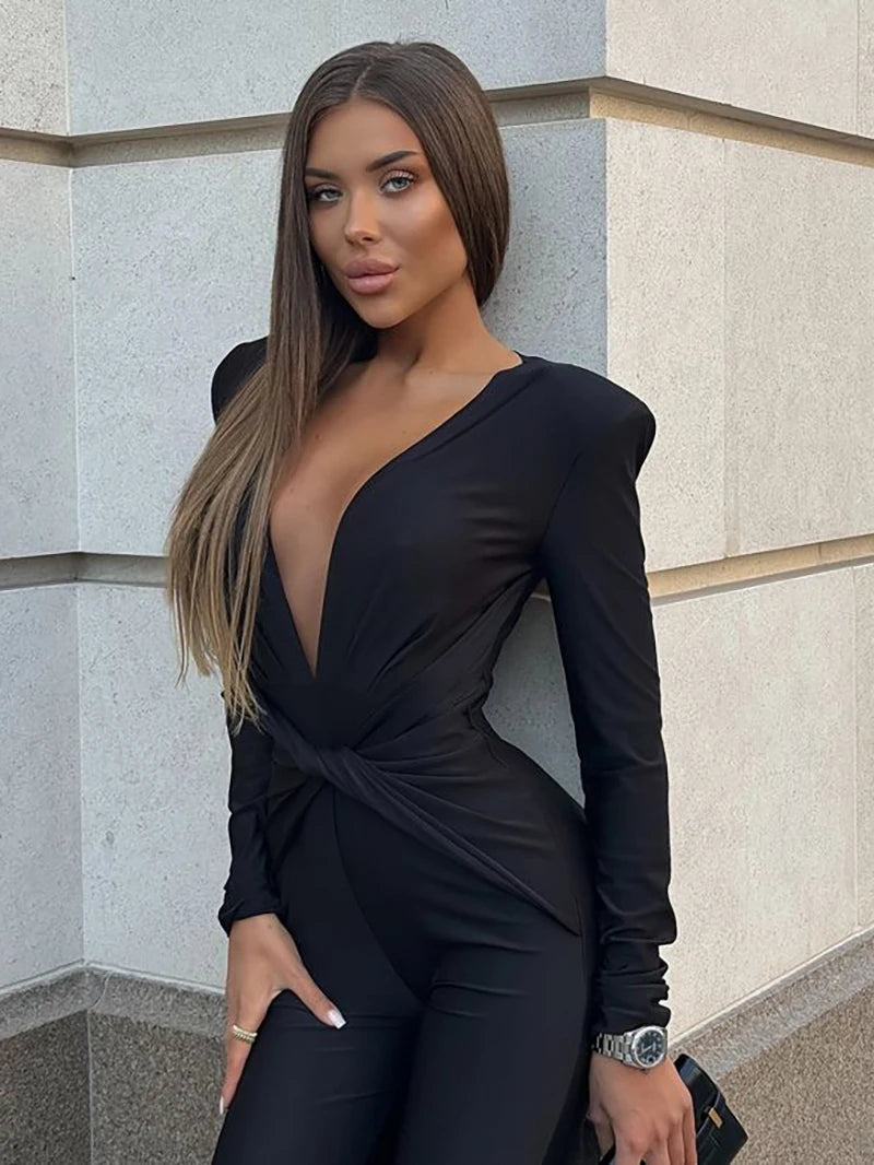Mozision Deep V Neck Long Sleeve Skinny Jumpsuits Women Rompers Elegant Black High Waist Ruched Slim Sexy Jumpsuit Outfits.