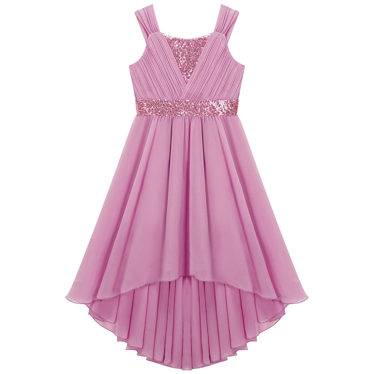 Kinder Blumenmädchenkleid Ärmellos Pailletten Hi-Low-Saum Abendkleid Elegantes Chiffon Prinzessin Geburtstag Formales Hochzeitskleid.