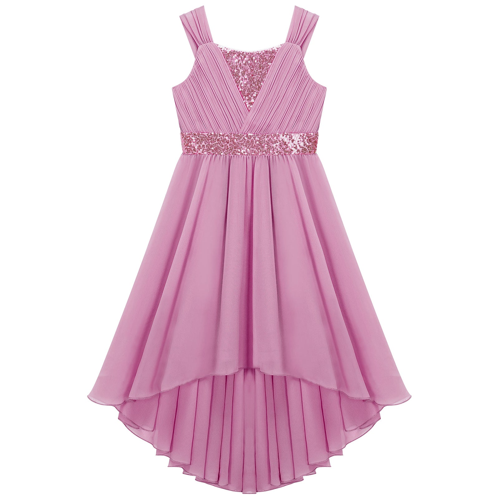 Kinder Blumenmädchenkleid Ärmellos Pailletten Hi-Low-Saum Abendkleid Elegantes Chiffon Prinzessin Geburtstag Formales Hochzeitskleid.