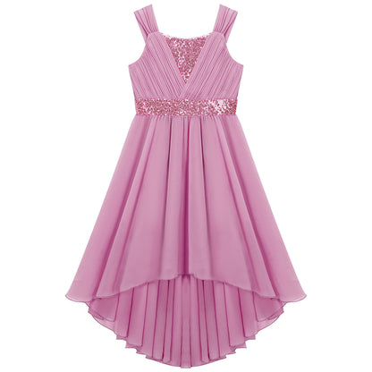 Kinder Blumenmädchenkleid Ärmellos Pailletten Hi-Low-Saum Abendkleid Elegantes Chiffon Prinzessin Geburtstag Formales Hochzeitskleid.