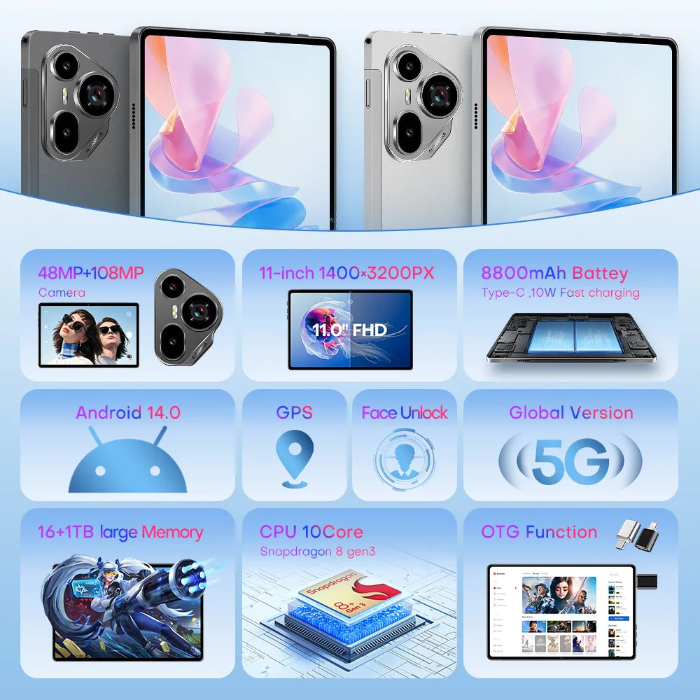 Original Tablet Pad 7 Ultra 11 Inch 16GB RAM 1TB ROM tablet Android 14 Core Pad Tablet PC Phone Dual Wifi tablette  8800mah.