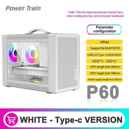 Power Train P60 Desktop MATX Case Handheld Portable Mesh Version PC Small Chassis Supports 350mm Graphics Card Type-C Interface