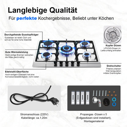 68cm 5-Burner Gas Hob Stainless Steel Gasherd Auto Flame Shield & Dual Fuel (Erdgas/LPG) 10460W Pro Line Built-in/Standherd.