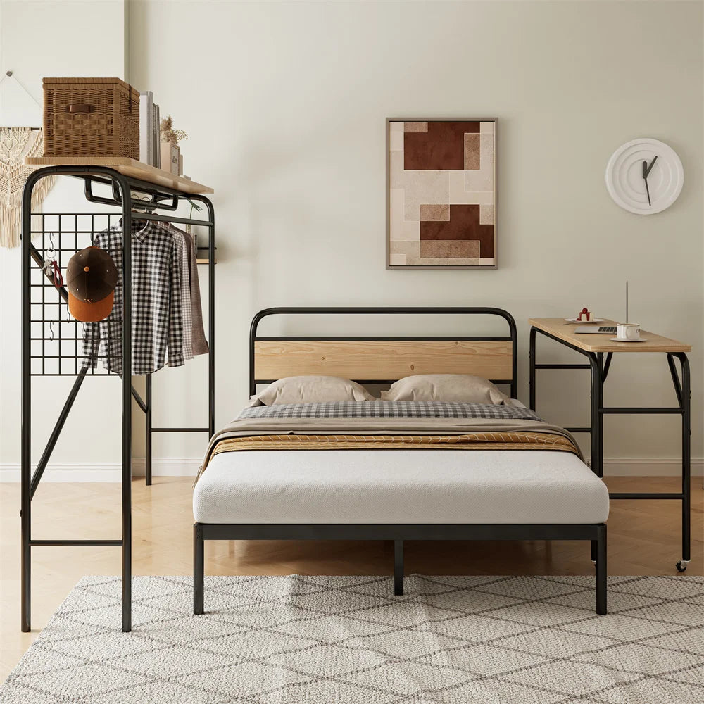 Metallbett 140x200cm, Flachbetten+Tisch mit Rädern+Vertikaler Garderobenständer, Schlafzimmermöbel, Metall+MDF, Schwarz + Natur