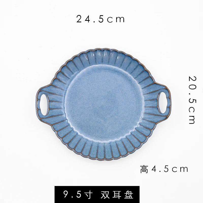 Retro Household Ceramic Tableware Kiln Variable Glaze Western Plate Creative Long Plate Main Dish Dinner Plate Kitchen Supplies