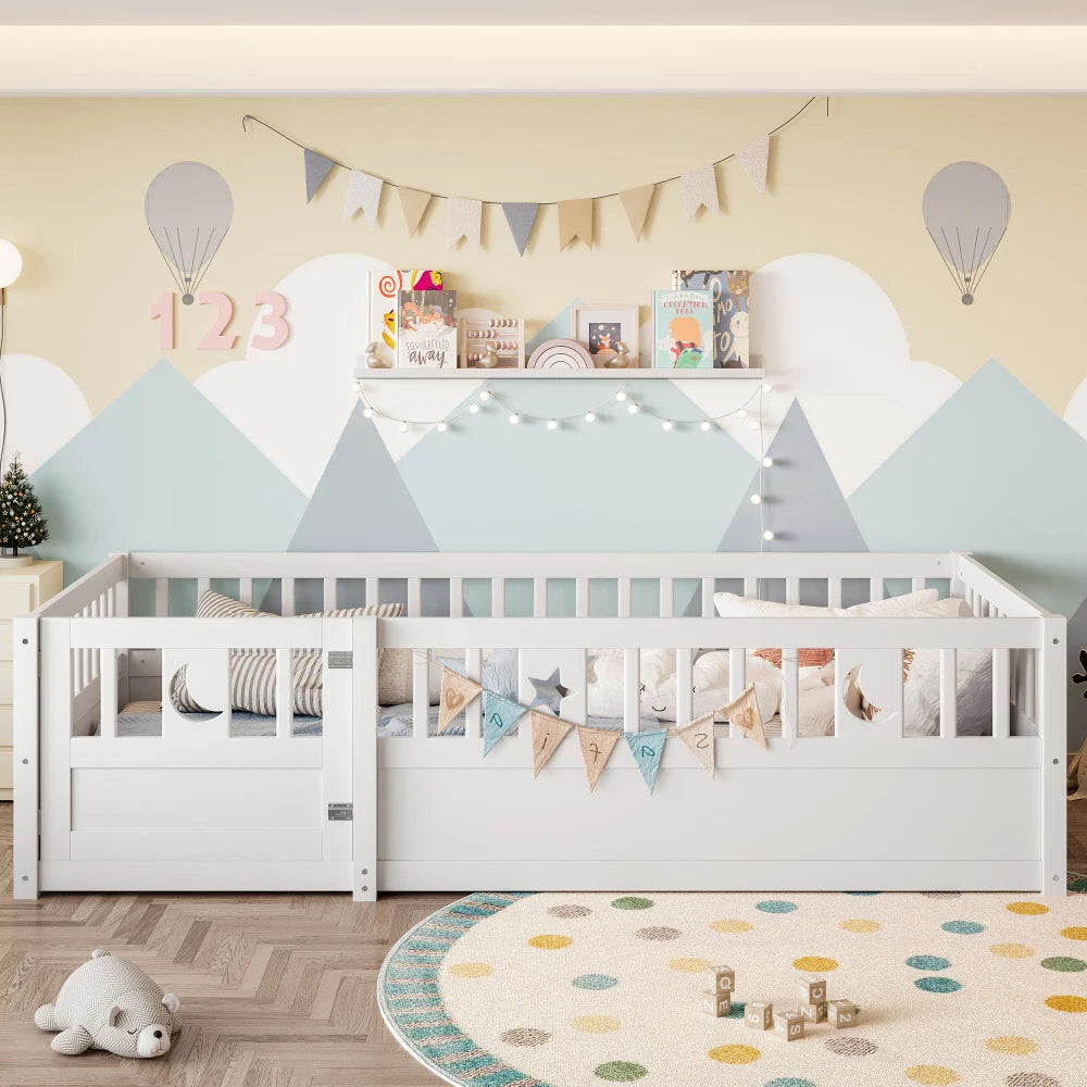 Panelbett 140 x 190 cm großes Kinderbett mit Gitter, Stern- und Monddekoration, ohne Gitter (ohne Matratze), minimalistischer Stil