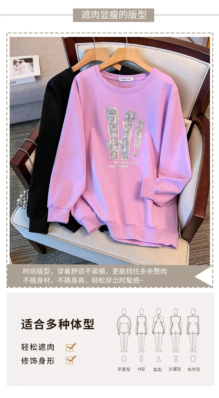 175kg plus size Damen büste Frühling Herbst loser Rundhals ausschnitt Langarm bedrucktes Sweatshirt schwarz lila 5xl 6xl 7xl 8xl 9xl.