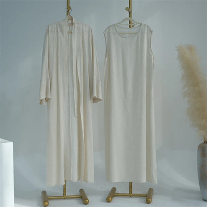 Eid Summer Cotton Linen Kimono Coat Dubai Open Abaya 2024 Muslim for Women Set Retro Kaftan Modest Dresses Islam Clothing Kebaya.