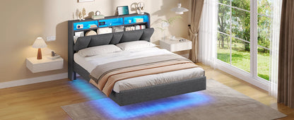 140 x 200 cm großes Polsterbett mit Doppelbettrahmen und LED-Beleuchtung und Ladestation. Kopfteil inklusive schwebendem Bettdesign