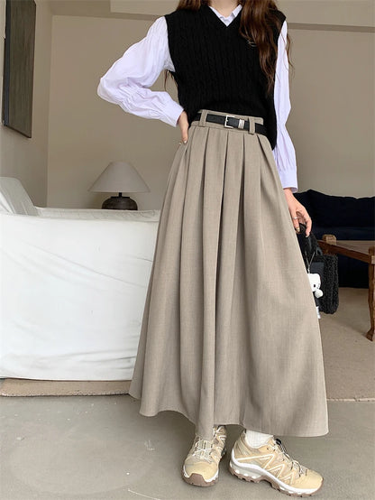 2024 New Korean Skirt Women Solid Color Versatile Mid-length Pleated Skirt Large Swing Type Skirt Female Long Skirts for Women.