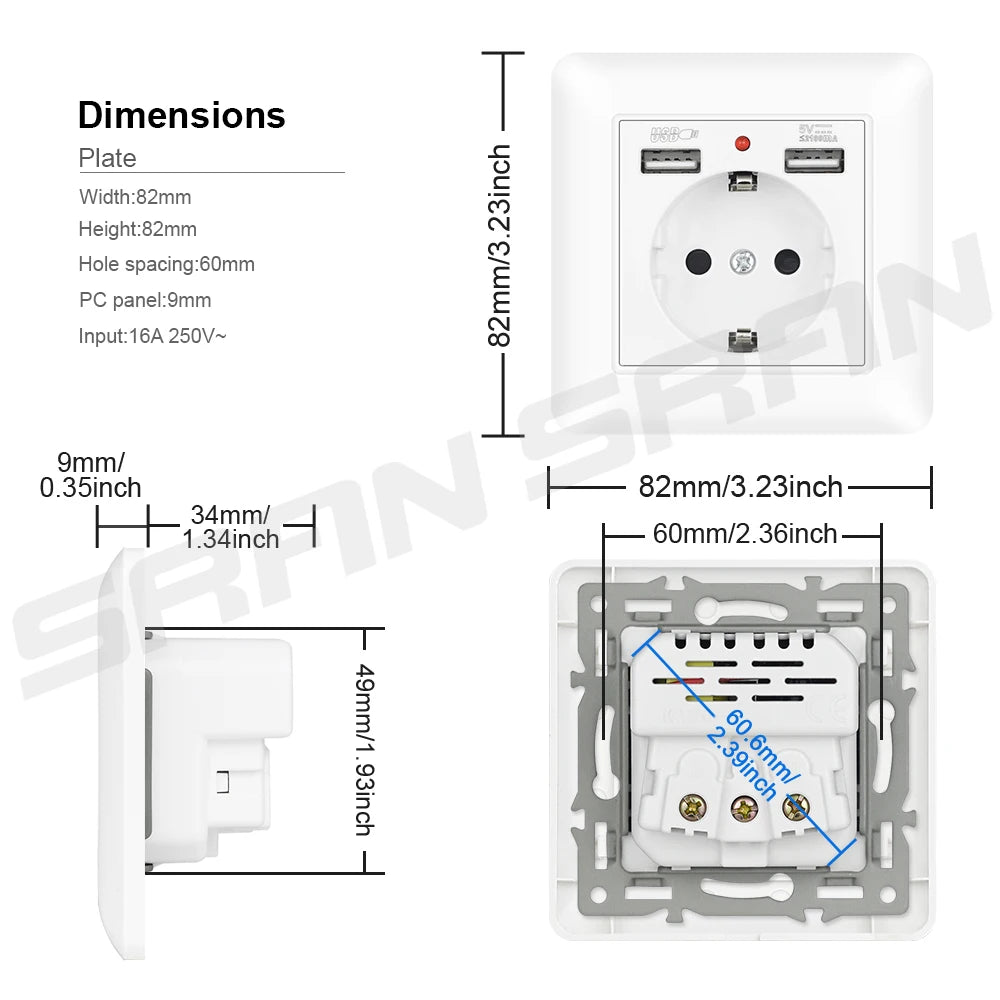 SRAN USB-Wandsteckdose, 20 W, schnelles Laden und 5 V, 2 A, EU-Standard, 82 x 82 mm, flammhemmendes PC-Panel, USB-Typ-C-Kombination.