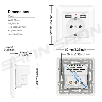 SRAN USB-Wandsteckdose, 20 W, schnelles Laden und 5 V, 2 A, EU-Standard, 82 x 82 mm, flammhemmendes PC-Panel, USB-Typ-C-Kombination.