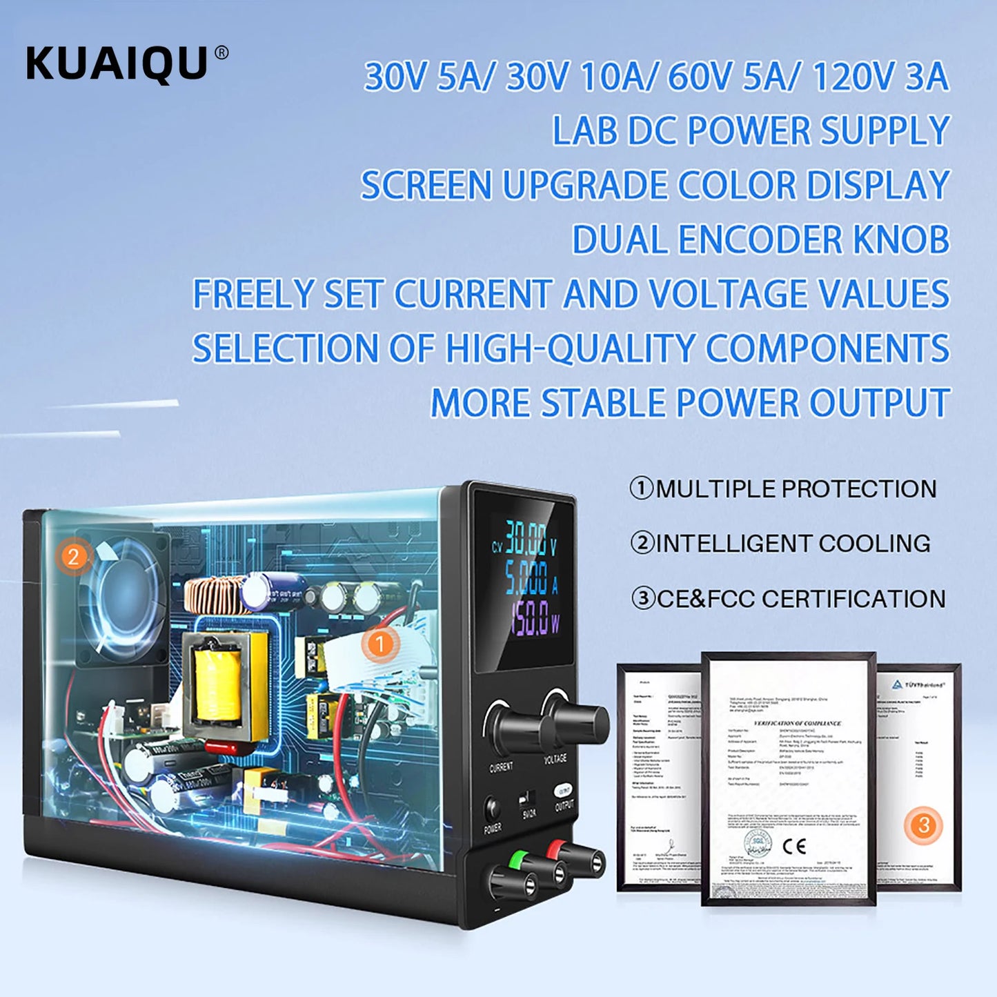 KUAIQU DC Lab Power Supply 30V 10A 60V 120V Adjustable Switching Power Supply Encoder Knob Display Regulator For Phone Repairing.