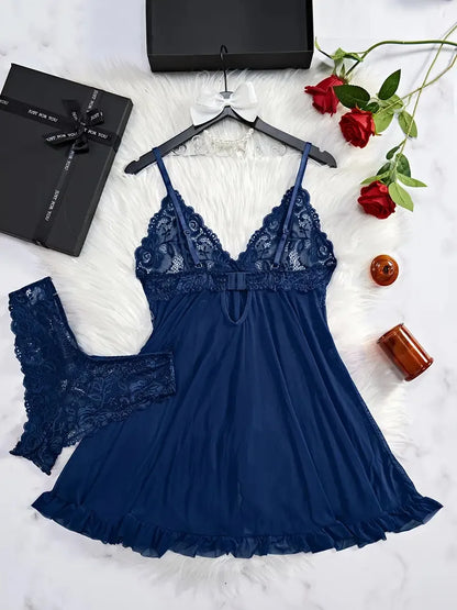 A Set Of Tulle Ultra Sexy Nightgown V-neck Bra Open Sleep Skirt Night Erotic Dress Woman Sheer Pajamas Lingerie Pants Luxury kit.