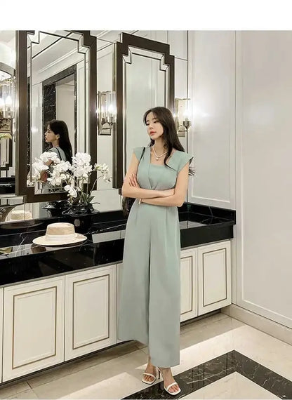 Slimming High Waist Wide Leg Pants Korean Style Fashionable Women's One-Piece Jumpsuit Summer New Arrival Simple Elegant.