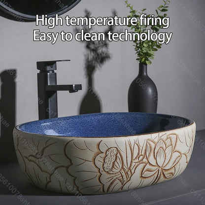 Retro Keramik Badezimmer Waschbecken Arbeitsplatte Waschbecken Künstlerische Eitelkeit Schüssel für Zuhause Keramik Gefäß Waschbecken Theke Waschschüssel Vintage