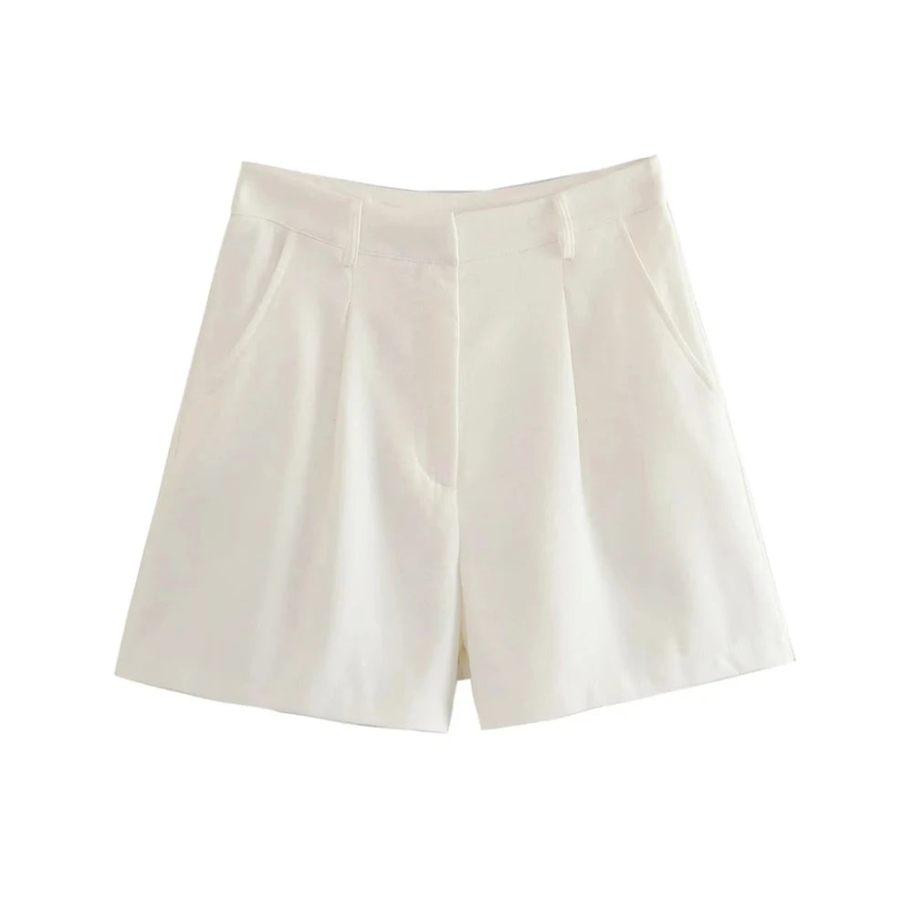 Women Fashion With Pockets Front Pleats Linen Blend Shorts Vintage High Waist Zipper Fly Female Short Pants Mujer.