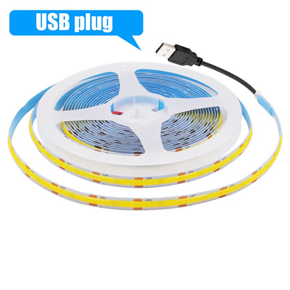 5 V USB-COB-LED-Streifen mit 2-poligem DC-Stecker, 3000 K, 4000 K, 6000 K, 320 LEDs, flexibles Band, lineare Beleuchtung mit hoher Dichte.