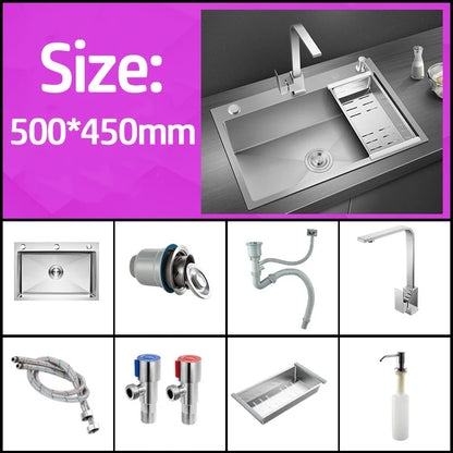 Handgefertigtes silbernes Küchenspülbecken aus Edelstahl 304, herunterziehend, Einzelschüssel-Waschbecken mit Abflussset