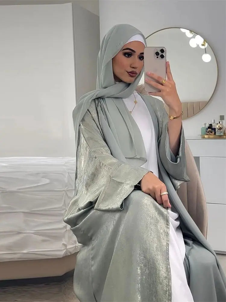 Ramadan Shiny Satin Open Kimono Abaya Dubai Luxury 2025 Muslim Kaftan Dress Abayas For Women Islam Clothing Robe Femme Musulmane.