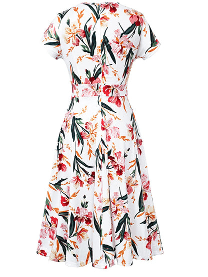 Nice-forever Vintage Elegante Blumen Druck Plissee Rundhals vestidos A-Line Pinup Business Party Frauen Flare Swing Kleid A102