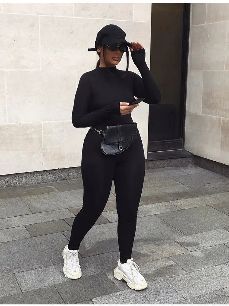 solid black/gray long sleeve skiing jumpsuit women elastic hight outfit fashion fitness sportwear slim rompers streetwear.