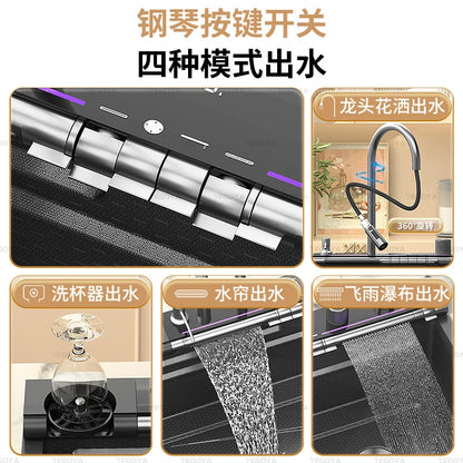 Blue Whale Arowana Multifunctional Kitchen Sink Single Bowl Nano Black Honeycomb LED Digital Display Stainless Steel for Home