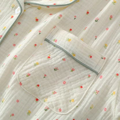 Pajamas pure cotton three-piece set spring and summer thin crepe autumn gauze lapel short-sleeved trousers shorts loungewear set.