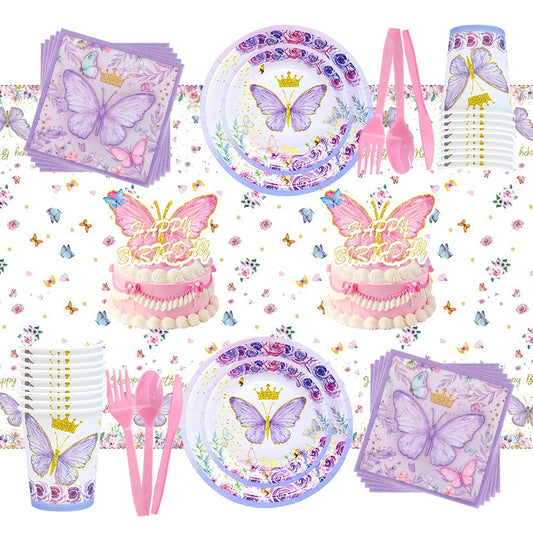 Schmetterling Geburtstag Party Dekoration Mädchen Einweg Geschirr Set Pappteller Tasse Ballon Tischdecke Schmetterling Thema Liefert.