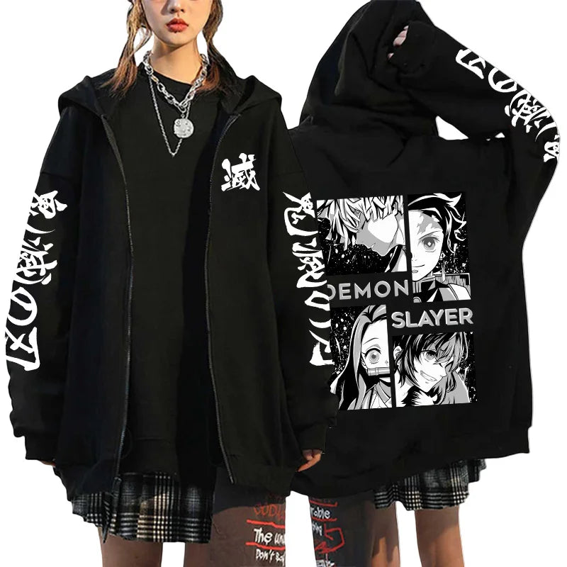 Japan Anime Print Black Hoodie Woman Hooded Long Sleeve Zipper Jacket Tanjirou Zenitsu Inosuke Pattern Sweatshirt Autumn Coat.