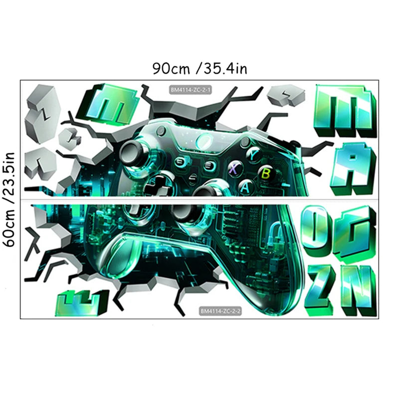Larger Game Poster 3D Wall Hole Art Cool Gamer Zone Gamepad Vinyl Mural Stickers Home Decoration for Kids Bedroom Gaming Rooms.