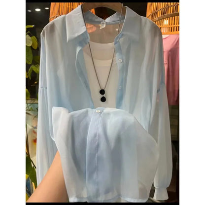 1pcs Woman Four Seasons Shirt Lady Thin Sunscreen Shirts Female Casual Long Sleeve Turn-down Collar Loose Med-Length Style Tops