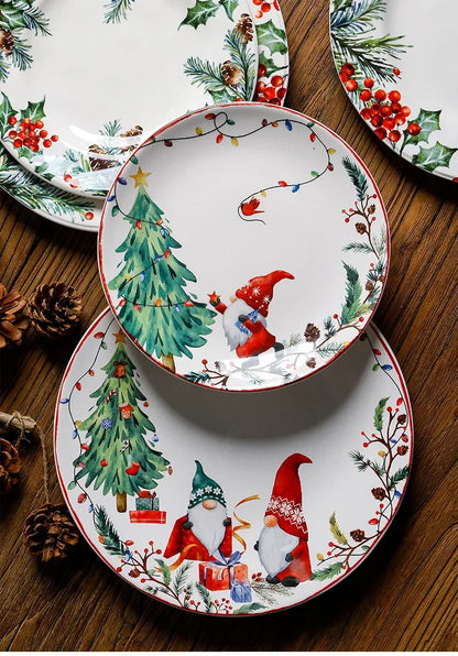 Christmas Ceramic Dinner Plate Set Household Underglaze Flat Round Dim Sum Decorative  Sushi.