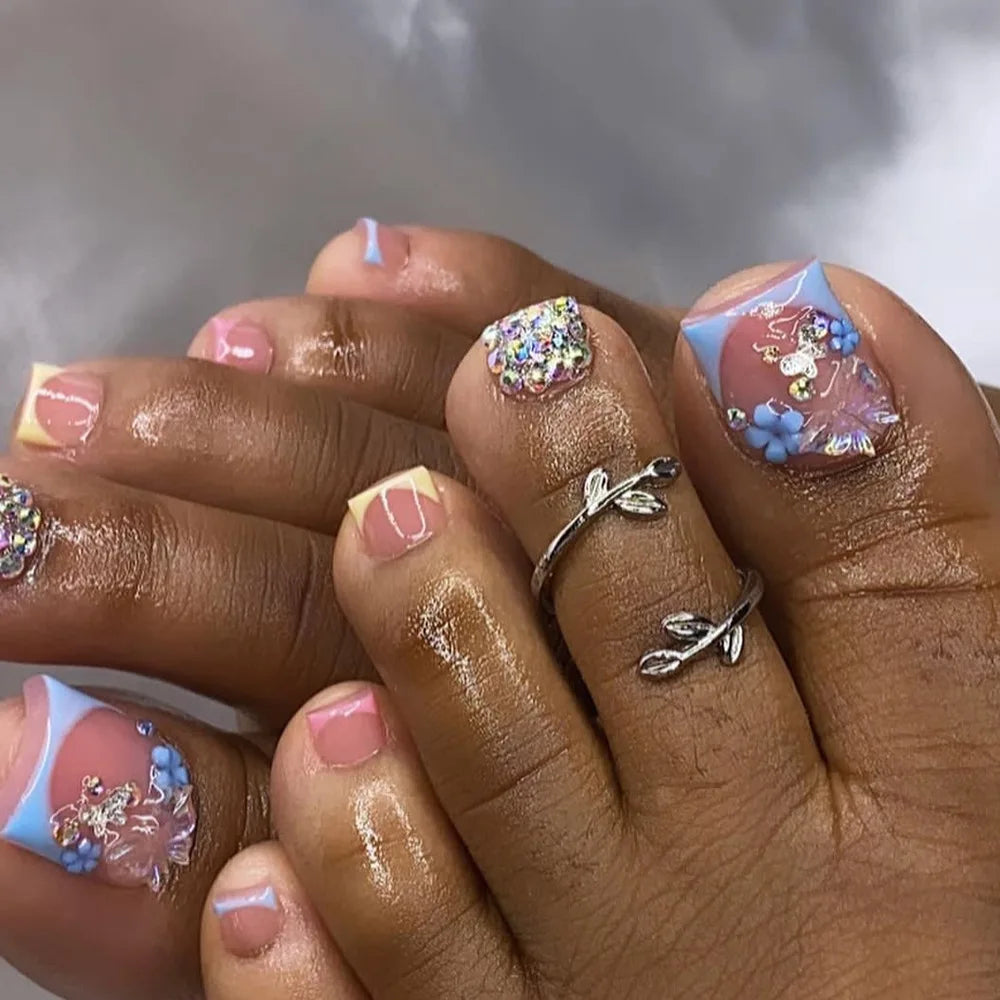 3D Flowers Butterfly Pearl Rhinestone Fake Toenails White French Summer Toe False Nails Detachable Press on Toenails with Glue.